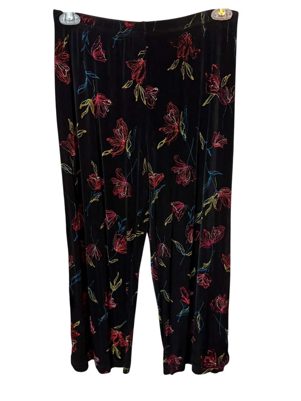 Softwear Black Floral Wide-Leg travel Pants with Multicolor Blooms
